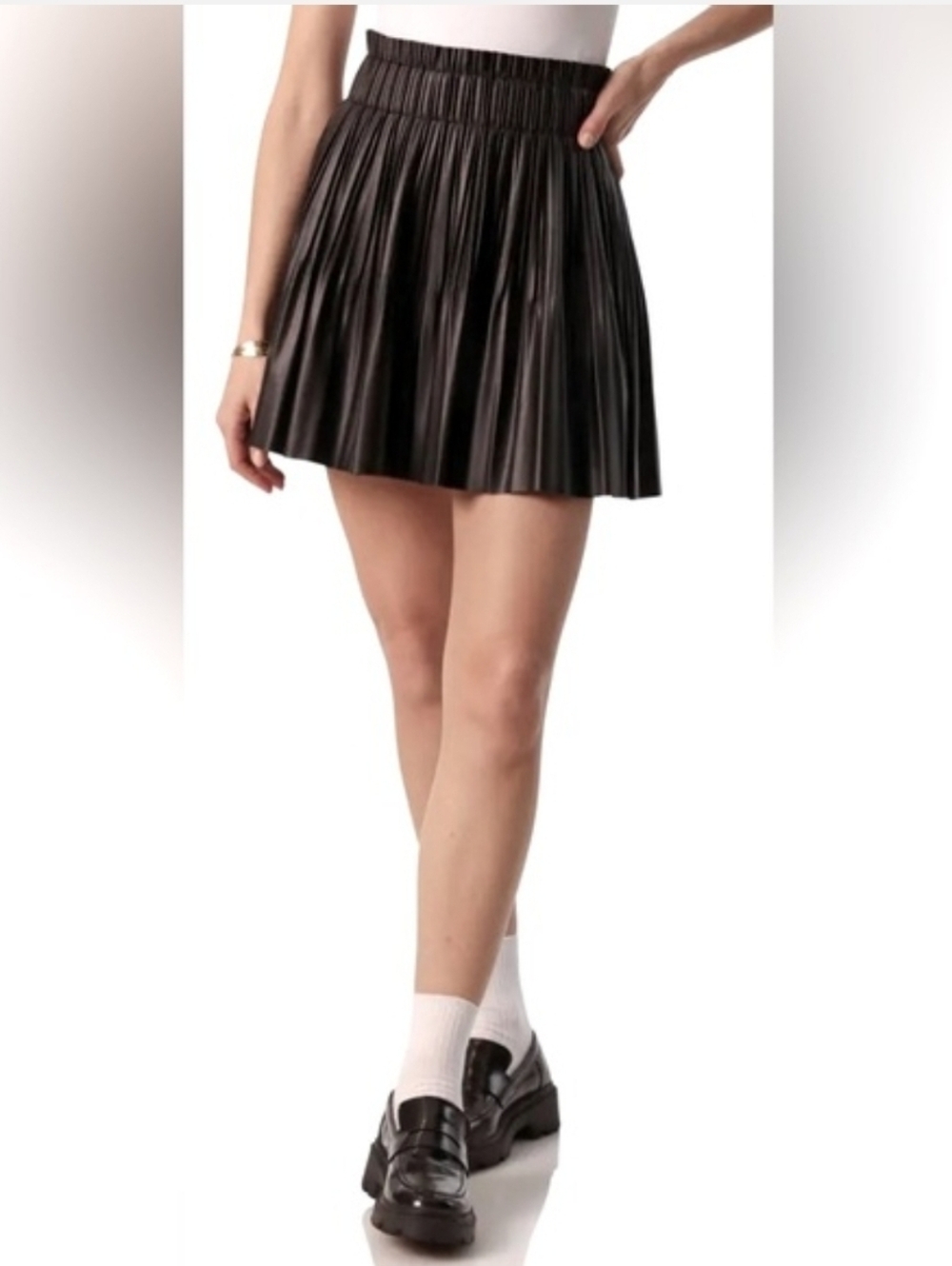 7 For All Mankind Nwt Black Faux Leather High Waisted Pleated Mini Skirt Size M